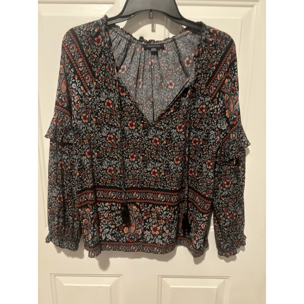 American Eagle Blouse Paisley Boho Top‎ Bell Sleeve Size Small Artsy Blue
